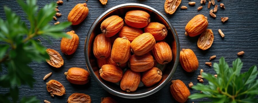 Top view of ripe tamarind pods in metal bowl with scattered seeds and green leaves on dark wood. Ingredient for sour sweet taste in cooking and healthy juice.
