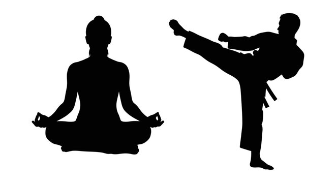 Martial arts and yoga silhouettes, karate fighter performing high kick and woman in lotus meditation pose, black vector icons on white background