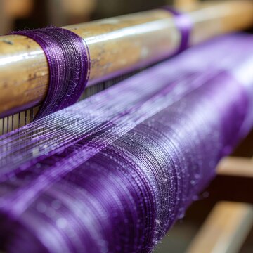 Gros plan d&eacute;taill&eacute; de fil de soie violet brillant enroul&eacute; sur une bobine en bois dans une usine textile