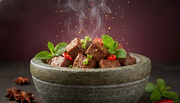 Steaming hot beef and chili dish in stone bowl with mint and star anise steaming background