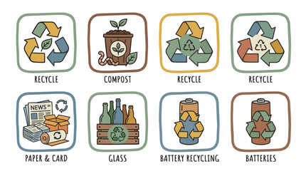 Fototapeta premium hand drawn eco recycling and waste sorting illustration set in modern doodle style
