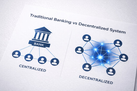 Decentralized network centralized banking financial system blockchain digital finance fintech food tech alternative proteins concept comparing