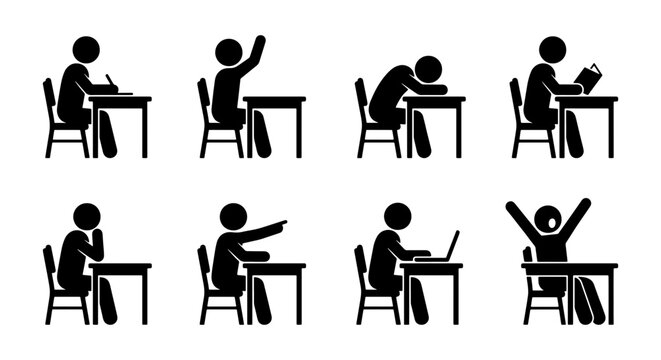 Student stick figure icons set, classroom pupils sitting at desks vector, school children learning and studying silhouettes, education behavior symbols