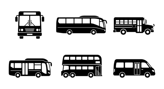 Public transport bus icons set, black silhouette city bus and school bus vector collection, double decker and shuttle van transport symbols