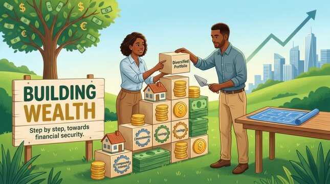 A man and a woman standing in a green field, building a tower of blocks with the words 'Building Wealth' on a sign.