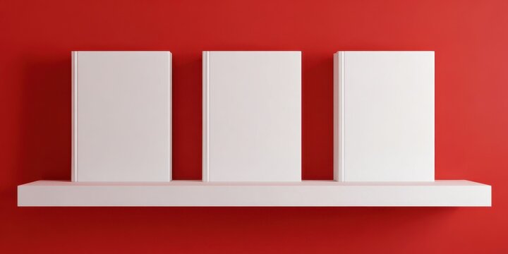 The books on a minimalist white shelf against a vibrant red background