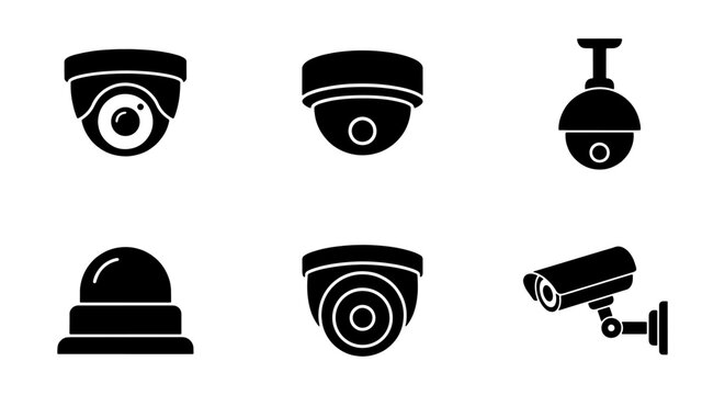 Security camera icon set, black CCTV surveillance vector symbols, 6 dome and bullet camera silhouettes for property protection and monitoring