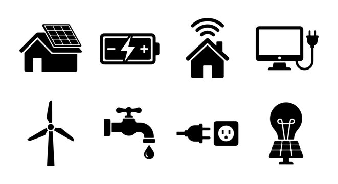 Sustainable energy icon set, renewable power and smart home technology symbols, 8 black vector silhouettes for green utility and eco infrastructure