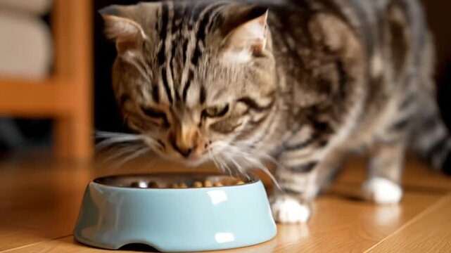 A tabby cat eating from bowl.