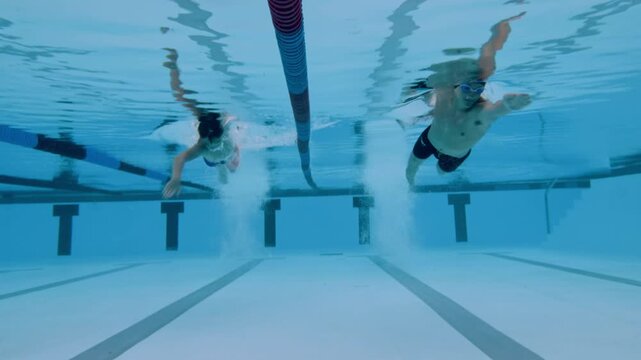 A group of swimmers are practicing in a pool during sports training. They are performing synchronized swimming, moving gracefully underwater in a competitive environment.