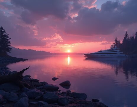 Luxury yacht anchored on calm water at Meydenbauer Bay Park during vibrant sunset. Rocky shore with trees on the left. Purple clouds dot sky, reflecting on serene lake.