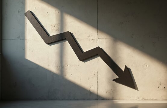 Dark zigzag arrow points down on textured wall casting long shadows. Symbol suggests financial decline, economic recession, or negative trend. Simple graphic represents downturn.