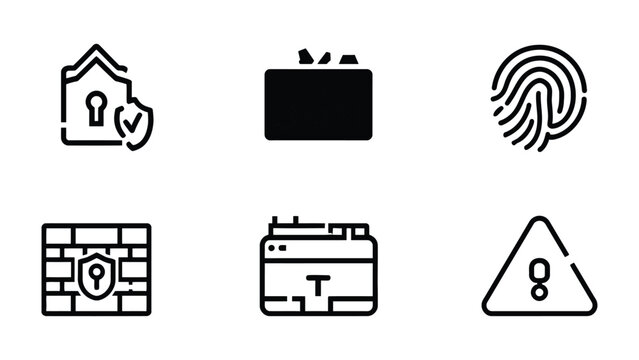 Cybersecurity Icons: A collection of concise icons depicting digital security concepts, including a secure home, safe data, fingerprint identification, firewall protection, online data encryption.