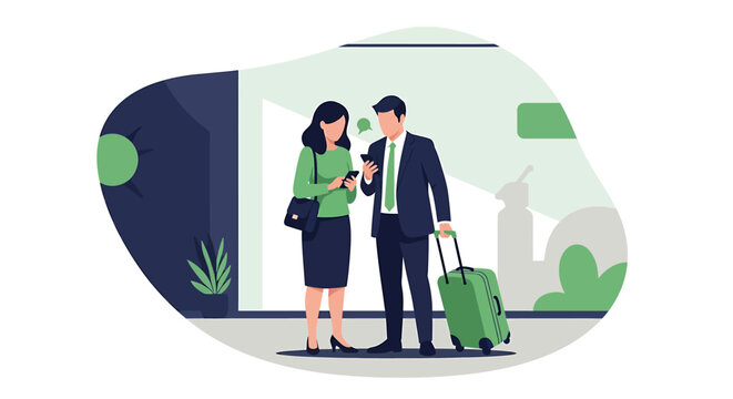 Business People With Luggage Using Mobile Phones.