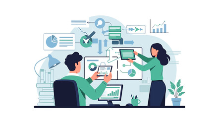 Naklejka premium Business professionals analyzing data charts and graphs on screens.