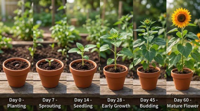 A sunflower plant growing from a seed in a pot, with a background of a garden and a wooden fence.
