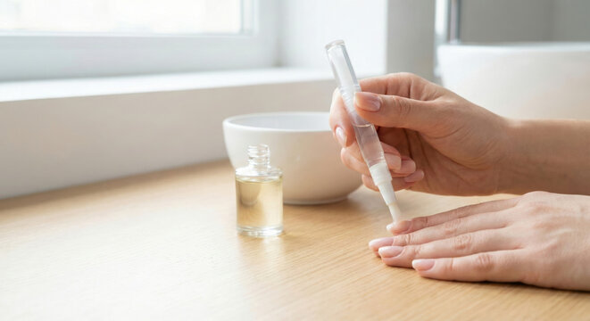 Manicure cuticle oil nail care hand beauty home spa quiet luxury daily routine near window with brush applying cuticle oil to natural nail wooden