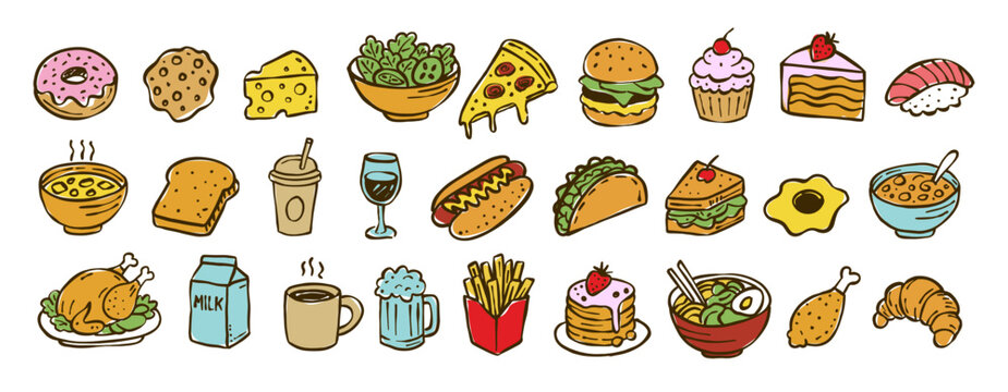 colorful food and drink doodle icon pack. Clean vector illustration set . Ideal for restaurant menus, stickers, branding, and digital design