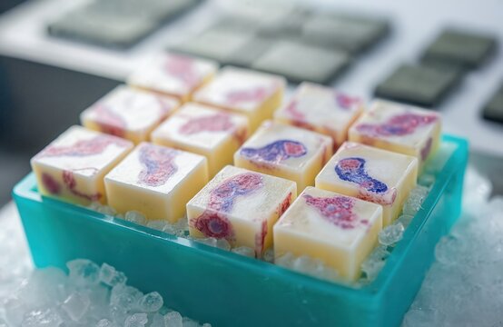 Frozen tissue blocks in paraffin sit on ice in lab tray. Samples ready for microtome slicing for cancer diagnosis, research. Pathology slides prepared for microscopic analysis. Lab work for medical