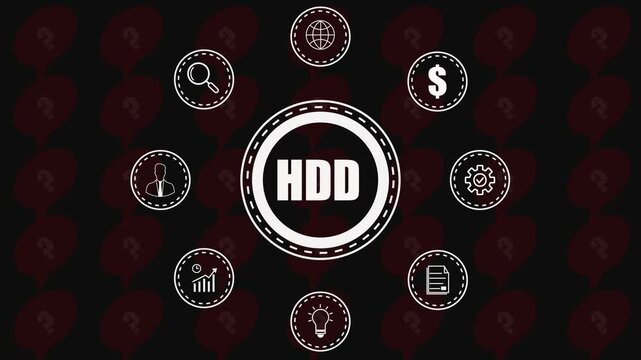 Definition of business concepts and symbols in white on dark background with question marks finance technology.