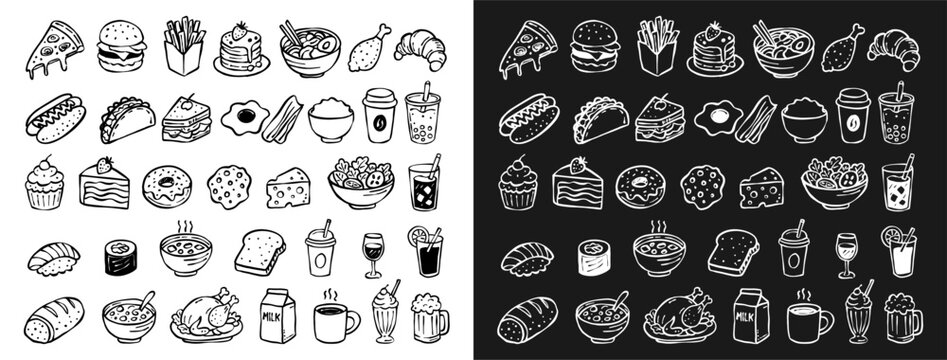 Hand drawn doodle food and drink illustration set. Black and white line art icons for restaurant menus, stickers, and graphic design projects. Isolated on white and black