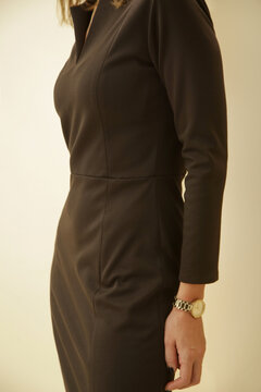 Studio Fashion Portrait of Woman in Tailored Brown Midi Dress with Long Sleeves &ndash; Business Style
