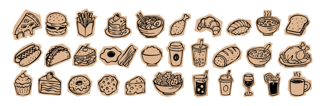 Scrapbook sticker set featuring hand drawn food and drink doodles on textured kraft paper. Perfect for digital planners, journals, and creative stationery design projects