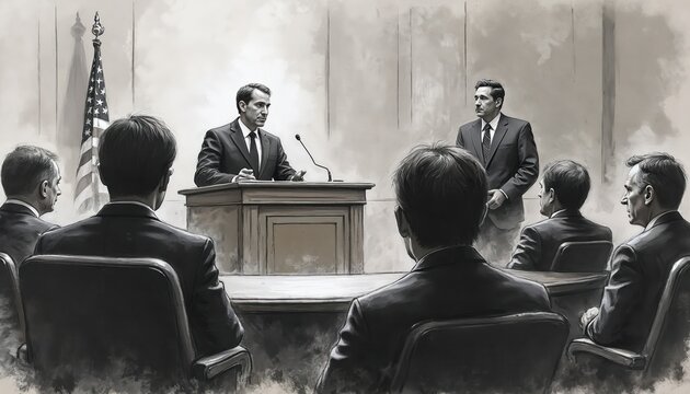 Courtroom sketch shows judge at bench speaking. Lawyer stands near podium. Jurors listen intently. American flag visible. Black and white art.
