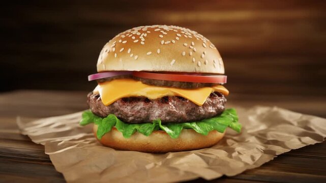 Cheeseburger with sesame bun, beef patty, melted cheddar, onion, tomato, lettuce on parchment paper, warm food photography.