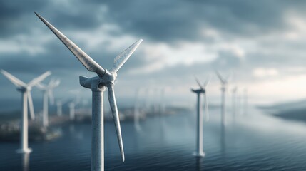 Fototapeta premium Offshore wind farm with large turbines in the ocean under a cloudy sky representing renewable energy and sustainability
