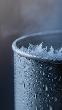 Metal container condensation ice frost cold water droplet bio optimization concept with chilled metal container and frost