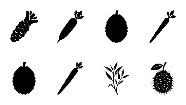 Minimalist black silhouette vegetable icons, set of 8 organic produce vector elements, flat wasabi carrot and rambutan fruit graphics for menu design