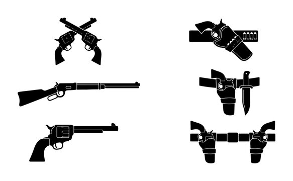 Wild West weapon silhouettes, vintage cowboy revolvers and rifle icons, western gun belt and holster set, antique firearm vector collection
