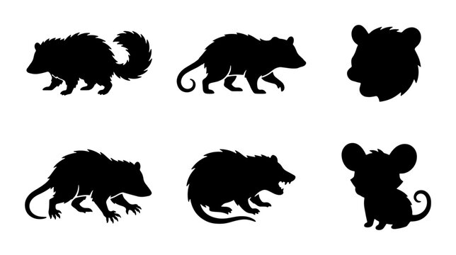 Opossum silhouette vector set, black marsupial animal icons, wild opossum and possum shapes for nature logos, 6 wildlife elements