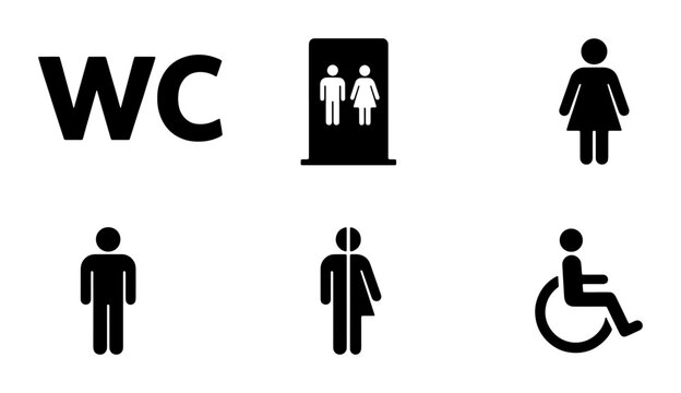 Restroom signage icons set, black WC toilet symbols for men and women, gender neutral and handicap accessible washroom vector pictograms