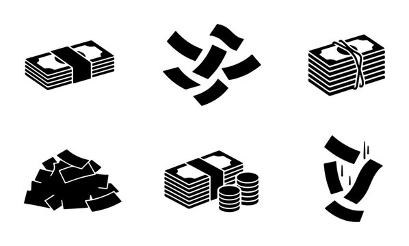 Black money icons set with cash bundles and falling banknotes, flat vector currency symbols, stack of paper bills and coins for finance