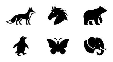 Minimalist animal silhouette icons, set of 6 black wildlife vector symbols, modern nature logo elements including fox horse bear penguin butterfly and elephant © Masud