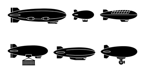 Vintage airship silhouette icons, set of 6 dirigible blimp vector illustrations, retro zeppelin aircraft symbols for aviation and travel design © Masud
