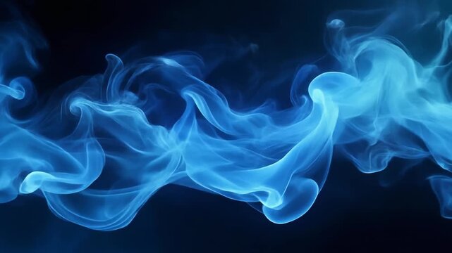 Swirling blue smoke forming fluid wave-like patterns against dark background, luminous gradients creating ethereal abstract effect.