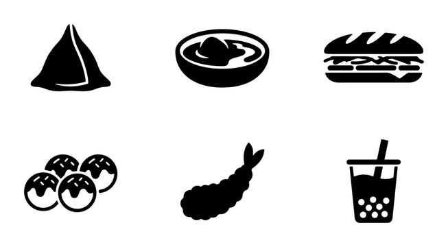 Asian street food icon set, black silhouette vector collection of 6 snack elements, takoyaki and tempura shrimp icons, bubble tea and samosa graphics