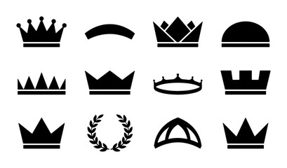Minimalist crown icons set, black royal tiara and laurel wreath silhouettes, 12 heraldic vector elements for luxury branding and logo design © Masud