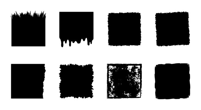 Grunge square brush strokes collection, set of 8 black ink texture frames, distressed paint border elements, rough charcoal vector shapes