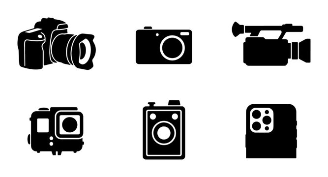 Professional camera icon set, 6 photography and video equipment silhouettes, DSLR and mirrorless digital camera symbols, action cam and smartphone icons