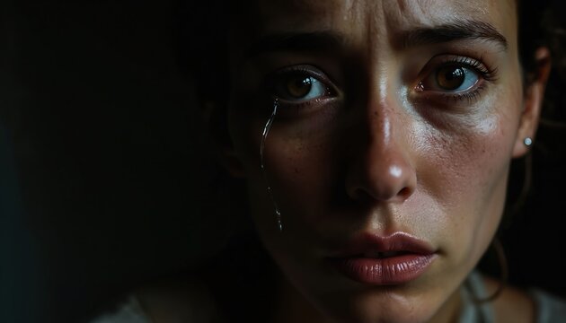 Young woman cries with visible tear on cheek in dim light. Her facial expression shows deep sadness and pain. Close up on her wet skin and eyes conveys strong emotion, conveying difficult life moment.