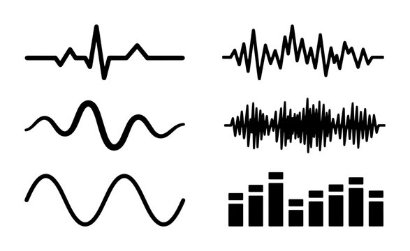 Minimalist sound wave vector set, black audio frequency equalizer icons, digital signal waveform collection, heartbeat and music pulse elements