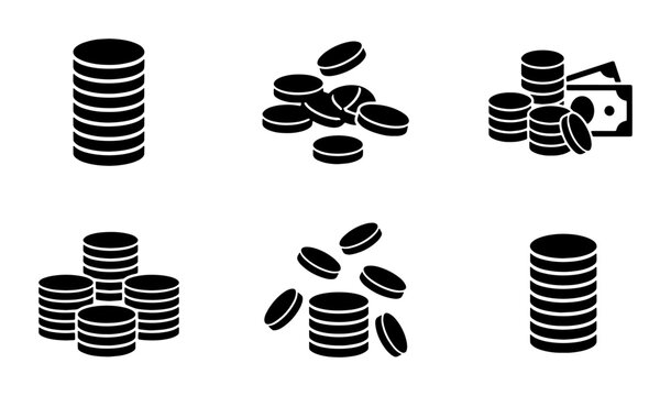 Black coin stack icons and money symbols, flat vector currency set, financial savings and banking elements for business infographics