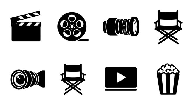 Cinema and movie production icons set, black film industry vector elements, clapperboard and camera lens symbols, popcorn and directors chair graphics