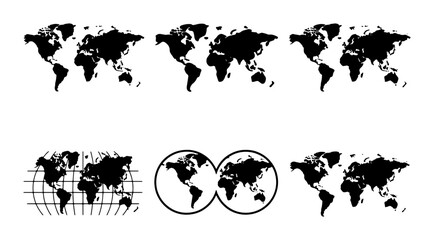World map vector icons set, black silhouette earth continents collection, global geography atlas symbols for travel and logistics infographics © Nusrat