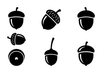 Minimalist acorn icon set, black silhouette oak nut vector collection, 6 forest seed symbols for autumn branding and nature logos © Rabiya