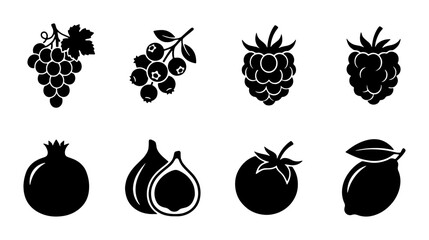 Minimalist fruit icons set, black silhouette berry and fruit collection, 8 vector symbols of grapes blueberry raspberry pomegranate fig and lemon © Nusrat